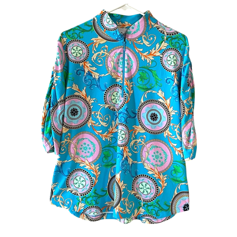 IBKUL Debbie Women's Size XXL Turquoise 1/4 Zip Pullover Ruched Elbow Top NWOT